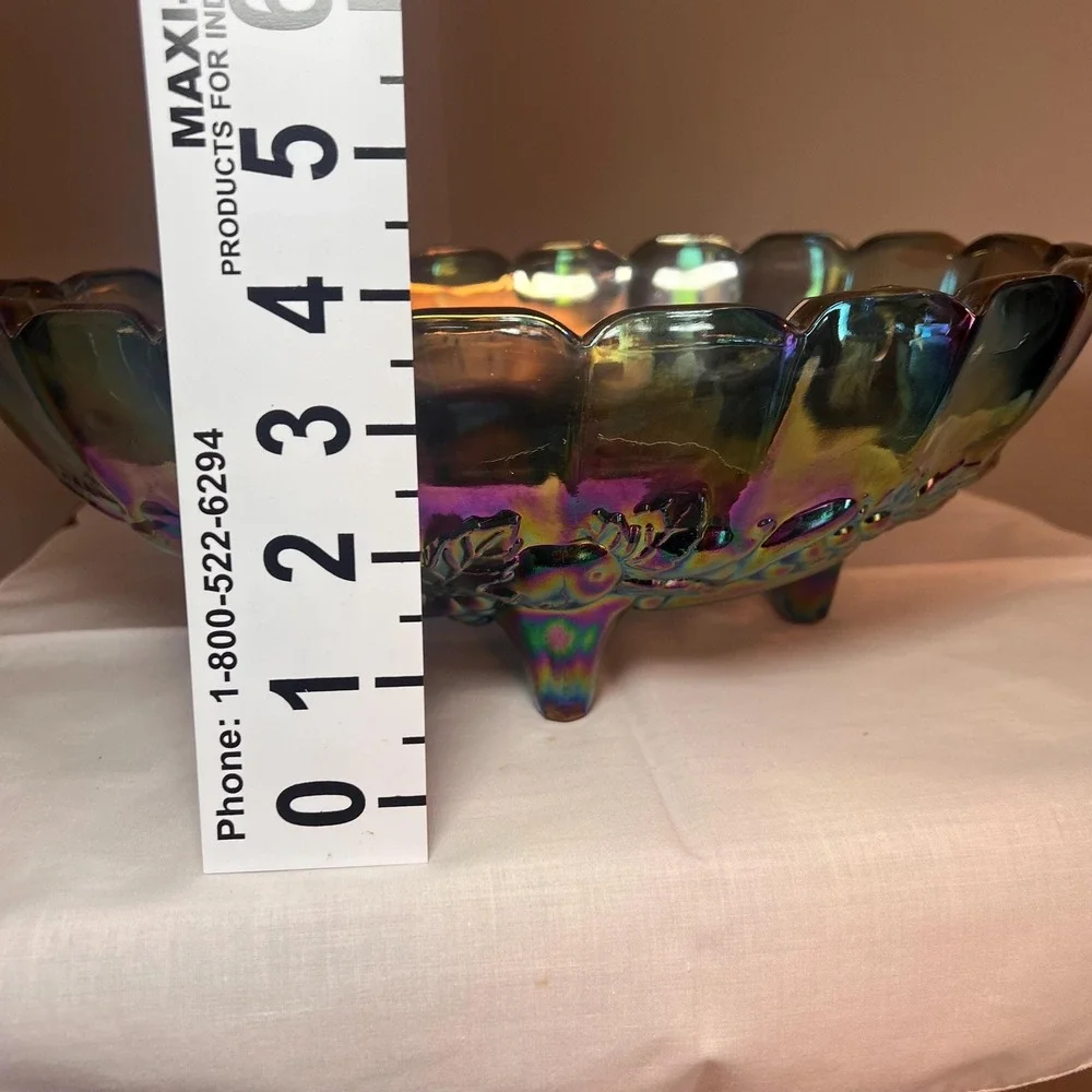 Vintage Carnival Glass Blue Iridescent Footed Fruit Bowl Harvest Pattern 12